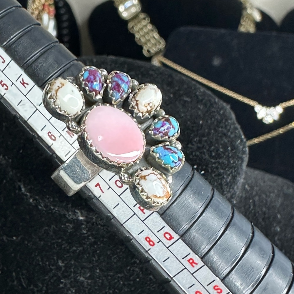 Sterling Silver Pink Conch & Composite gemstones half flower Ring Sz 6.5 adj - Picture 8 of 14